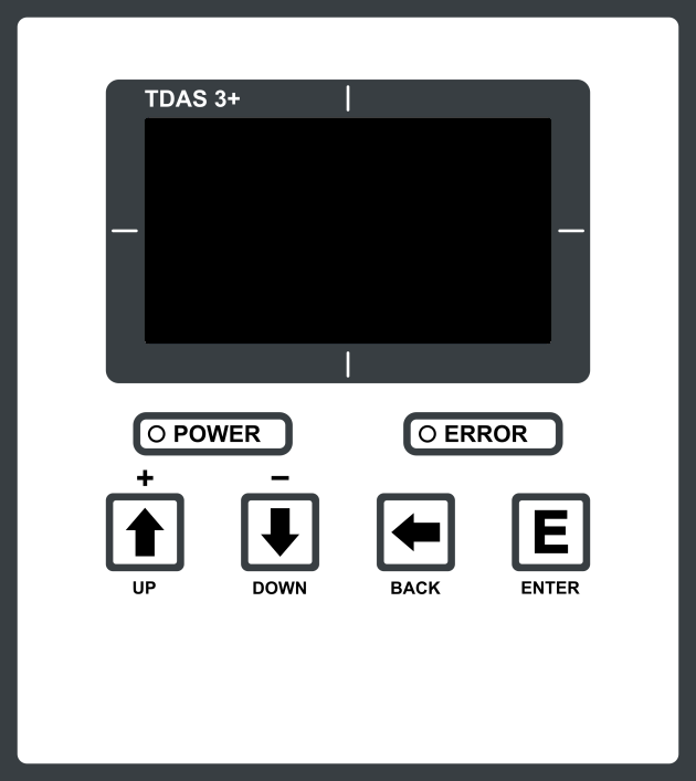 Bedienfeld des TDAS 3+ mit beleuchtetem Display, POWER- und ERROR-Anzeige sowie den Tasten UP, DOWN, BACK und ENTER
